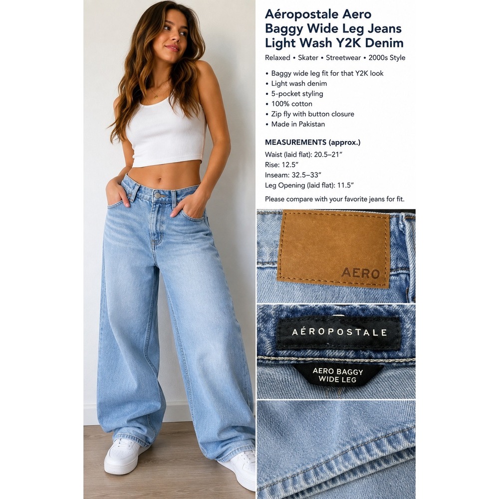 Aeropostale Aero Baggy Wide Leg Jeans Size 14 Light Wash Y2K Relaxed Denim
